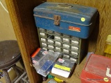 ASSORTED HALF SHELF LOT; INCLUDES A 24 DRAWER ORGANIZER, DRYWALL SCREW ANCHORS, AND A BLUE