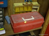 ASSORTED HALF SHELF LOT; INCLUDES A TACKLE ORGANIZER BOX AND A RED TACKLE BOX WITH ROPE, FISHING