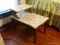 (BR2) TELEPHONE TABLE; MAHOGANY SABER LEGGED TABLE WITH FAUX MARBLE TOPS. IS IN EXCELLENT CONDITION
