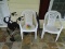 (OUT) PAIR OF PATIO CHAIRS; 2 WHITE VINYL PATIO ARM CHAIRS IN GOOD USED CONDITION. EACH MEASURES 2