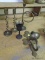 (ATTIC) BRASS LOT; INCLUDES A PAIR OF SWIRL PATTERN CANDLESTICK HOLDERS, A TRUMPET STYLE CANDLESTICK