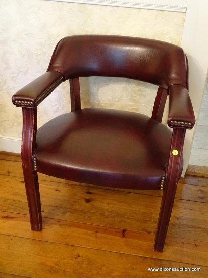 (DR) OFFICE CHAIR; CHERRY FAUX LEATHER ARMED OFFICE CHAIR WITH BRASS STUDS- 24 IN X 20 IN X 28 IN