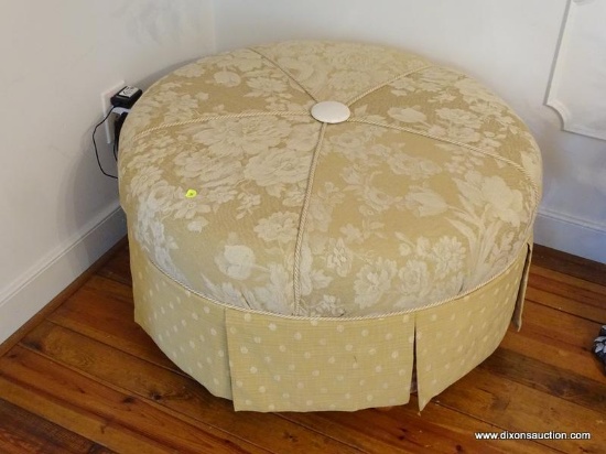 (LR) OTTOMAN; CREAM UPHOLSTERED FLORAL AND POLKA DOT PATTERN OTTOMAN ON BALL FEET. IS IN EXCELLENT