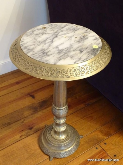 (LR) PLANT STAND; MARBLE AND BRASS PLANT STAND WITH FLORAL DETAILING IN THE BRASS AND A PEDESTAL