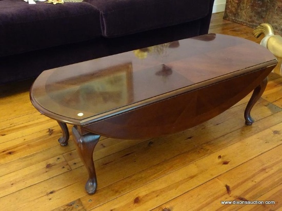 (LR) COFFEE TABLE; OVAL MAHOGANY DROPSIDE TABLE WITH QUEEN ANNE FEET AND A 2 IN BANDING AROUND THE