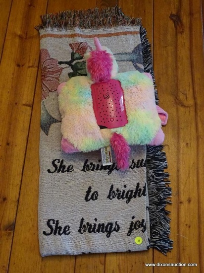 (LR) 2 PIECE LOT; INCLUDES A "DAUGHTER" THROW BLANKET AND A PILLOW PETS "DREAM LITE" UNICORN.
