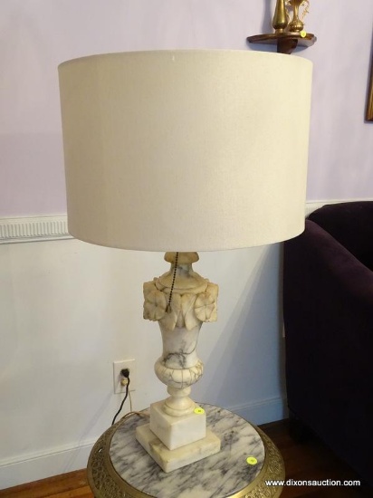 (LR) ALABASTER LAMP; FLORAL AND URN SHAPED LAMP WITH A ROUND CLOTH SHADE AND BRASS FINIAL. IS IN