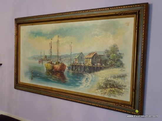 (LR) OIL ON CANVAS; DEPICTS A SMALL FISHING VILLAGE WITH BOATS COMING IN TO DOCK. IS SIGNED BY THE
