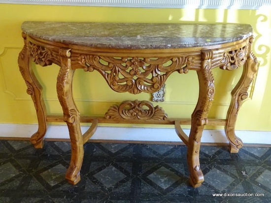 (FOY) DEMILUNE HALL TABLE; MARBLE TOP AND PINE FINISH DEMILUNE HALL TABLE WITH ACANTHUS CARVED LEGS