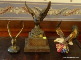 (FMR) EAGLE FIGURE LOT; 3 EAGLE FIGURES- BRASS EAGLE ON WOODEN STAND- 10 IN H, BRASS EAGLE ON MARBLE