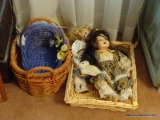 (BR1) ASSORTED LOT; INCLUDES 3 WICKER BASKETS, 2 PORCELAIN DOLLS, AND A PLUSH RABBIT TOY.