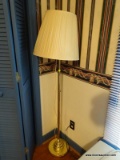 (BR2) FLOOR LAMP; BRASS LAMP WITH A CLOTH PLEATED SHADE. MEASURES 5 FT TALL.