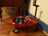 (BR2) MINIATURE WAGON WITH CONTENTS; RED WAGON WITH BLACK HANDLE AND CONTENTS OF ASSORTED TOY CARS,