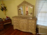 (MBR) ASHLEY HOME FURNITURE MIRRORED DRESSER; MARBLE TOP 9 DRAWER AND 2 DOOR DRESSER WITH HIGHLY