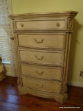 (MBR) ASHLEY HOME FURNITURE TALL CHEST; 5 DRAWER CHEST WITH ACANTHUS LEAF CARVED CORNERS AND BRACKET