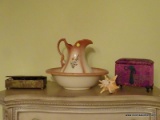 (MBR) ASSORTED LOT; INCLUDES A CERAMIC JUG AND WASH BASIN, AN ORIENTAL CLOTH TRINKET/JEWELRY BOX, A