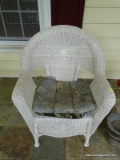 (OUT) WICKER ARM CHAIR; 1 OF A PAIR OF WICKER ARM CHARIS IN EXCELLENT CONDITION. MEASURES 2 FT 5 IN