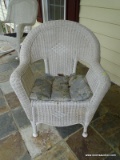 (OUT) WICKER ARM CHAIR; 1 OF A PAIR OF WICKER ARM CHARIS IN EXCELLENT CONDITION. MEASURES 2 FT 5 IN