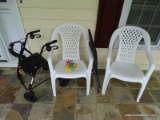 (OUT) PAIR OF PATIO CHAIRS; 2 WHITE VINYL PATIO ARM CHAIRS IN GOOD USED CONDITION. EACH MEASURES 2