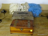 (ATTIC) MISC.. LOT; MISC.. LOT INCLUDES- CEDAR DOVETAILED JEWELRY BOX, METAL CASH BOX, YARN ART