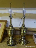 (ATTIC) PAIR OF LAMPS; PAIR OF BRUSHED METAL LAMPS WITH HARPS AND URN STYLE BODIES. MEASURE 25 IN