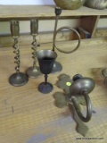 (ATTIC) BRASS LOT; INCLUDES A PAIR OF SWIRL PATTERN CANDLESTICK HOLDERS, A TRUMPET STYLE CANDLESTICK