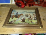 (ATTIC) CIVIL WAR PRINT; DEPICTS STONEWALL JACKSON ATOP A HORSE IN THE MIDST OF A BATTLEFIELD. IS IN