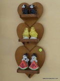 (KIT) WALL HANGING SHELF; HEART SHAPED SHELVING UNIT WITH CONTENTS OF CAT SALT AND PEPPER SHAKERS,