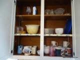 (KIT) CABINET LOT; INCLUDES COFFEE MUGS, A PYREX MEASURING CUP, PRESSED GLASS BOWL, AND MORE!