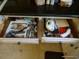 (KIT) 2 DRAWER LOT; INCLUDES ASSORTED FLATWARE, KNIVES, CUTTING BOARD, SILVERWARE ORGANIZER, AND