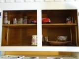 (KIT) CABINET LOT; INCLUDES A GLASS ASHTRAY, A WOODEN BOWL, GLASS BEER MUGS, A HUMBLE PETROLEUM