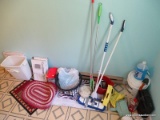 (BHALL) ASSORTED LOT; INCLUDES FLOOR MATS, A LAUNDRY HAMPER, MOPS, MOP BUCKET, ETC.