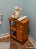 (BHALL) CONTENTS OF BATHROOM; INCLUDES A ROSE PATTERN BOWL AND PITCHER, A MINIATURE STAND WITH 4