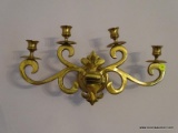 (LR) BRASS WALL HANGING CANDELABRAS; TOTAL OF 2. EACH HOLDS UP TO 4 CANDLES AND ARE MADE OF SOLID