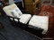PATIO CHAIR AND OTTOMAN; ADJUSTABLE WOOD PATIO CHAIR AND OTTOMAN WITH CUSHIONS.