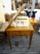 SINGER SEWING MACHINE TABLE; CREAM COLORED VINTAGE SINGER STYLIST 538 SEWING MACHINE IN A WOODEN