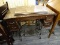 ANTIQUE TREADLE SEWING TABLE; WOODEN TREADLE SEWING MACHINE TABLE WITH HINGED TOP (BROKEN) 4 SMALL