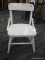 PAINTED CHILDS CHAIR; WHITE PAINTED WOODEN CHILD'S CHAIR WITH BRACED BACK, AND TAPERED LEGS.