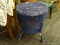 WICKER SIDE TABLE; NAVY BLUE PAINTED WICKER SIDE TABLE WITH ROUND TOP, ROUND STRETCHER AND 4 LEGS.