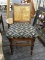 CANE BACK SIDE CHAIR; ; VINTAGE SIDE CHAIR WITH CARVED TOP, CANE BACK, AND UPHOLSTERED SEAT WITH