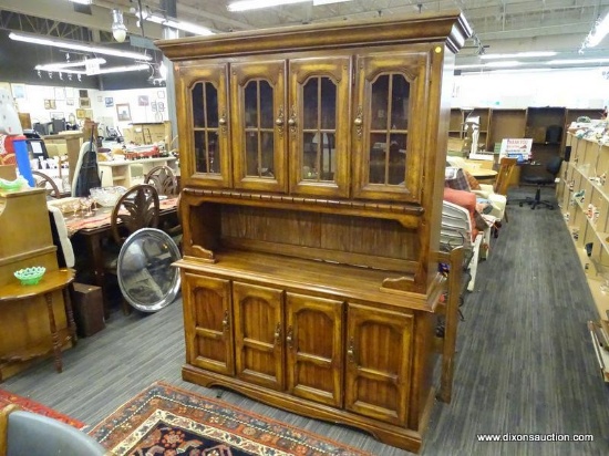 VINTAGE WOODEN HUTCH; TWO-PIECE WOODEN HUTCH WITH 4 GLASS PANELED DOORS ON TOP THAT OPEN TO A