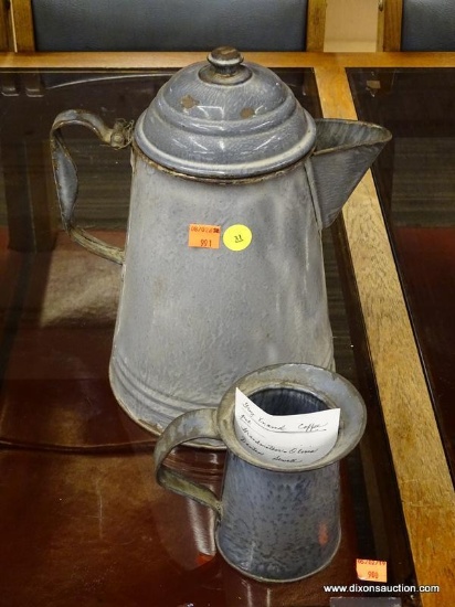 ENAMEL COFFEE POT AND CREAMER; GREY ENAMEL COFFEE POT USED FOR CAMPING OR FISHING. POT HAS SIDE