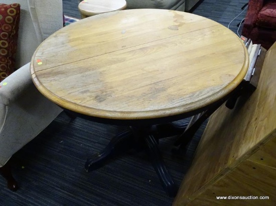 ROUND DROP LEAF DINING TABLE; WORN ROUND WOOD GRAIN TOP WITH SPLIT CENTER, AND NAVY BLUE PEDESTAL