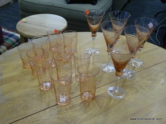 SET OF PINK GLASSWARE; 18 PIECE SET TO INCLUDE 12 ETCHED JUICE GLASSES (2 DIFFERENT SIZES), AND 6