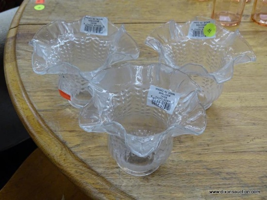 SET OF GLASS GLOBES; 3 PIECE SET OF SLIGHTLY FROSTED FLUTED GLASS GLOBS WITH RUFFLED EDGES. EACH