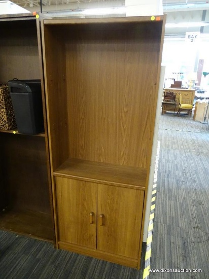 WOODGRAIN SHELVING UNIT; LIGHT WOOD GRAIN STORAGE UNIT WITH SPACE TO PUT TWO ADJUSTABLE HEIGHT