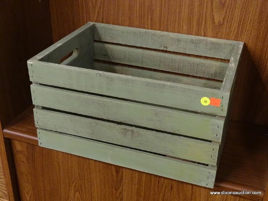 PAINTED WOODEN CRATE; SAGE GREEN RECTANGULAR WOODEN CRATE WITH SIDE HANDLES. MEASURES 1 FT 6 IN X 1