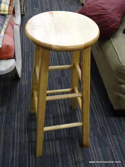 WOODEN BARSTOOL; ACE BAYOU CORP WOODEN BARSTOOL. ITEM # 02718. MEASURES 2 FT 5 IN TALL (29 IN) X 12
