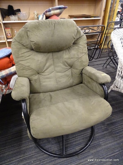 SWIVEL GLIDER CHAIR; SAGE GREEN MICROFIBER GLIDER CHAIR WITH OVERSTUFFED HEADREST, BACK AND SEAT