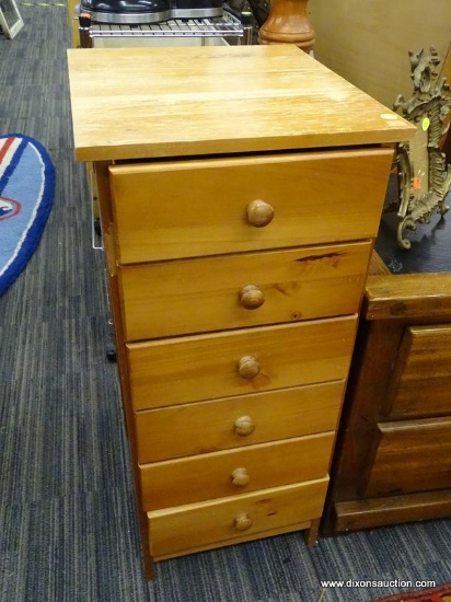 WOODEN STORAGE DRAWERS; SLIM 6 DRAWER WOODEN STORAGE UNIT. THIS PIECE HAS A WOODEN TOP, A WOODEN